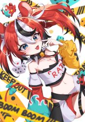 Rule 34 | 1girl, :d, animal ears, bare shoulders, blue eyes, bow, breasts, caution tape, cleavage, collar, crop top, crop top overhang, detached sleeves, dice, fang, hakos baelz, hand up, highres, hololive, hololive english, keep out, long hair, long sleeves, looking at viewer, medium breasts, midriff, miniskirt, mouse ears, mouse girl, mouse tail, multicolored hair, navel, open mouth, red hair, shirt, skirt, smile, solo, spiked collar, spikes, stomach, strapless, strapless shirt, tail, tail bow, tail ornament, twintails, two-tone hair, umugasari, v, virtual youtuber, white shirt, white skirt