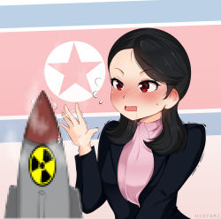 Rule 34 | 1girl, absurdres, black hair, black jacket, blush, censored, commentary, dictator, drooling, english commentary, fake censor, flying sweatdrops, hand up, highres, hioyami, jacket, kim yo-jong, long hair, missile, mosaic censoring, north korea, north korean flag, nuclear weapon, open mouth, phallic symbol, pink neckwear, radiation symbol, real life, red eyes, sexually suggestive, solo, suggestive fluid, upper body, wavy mouth
