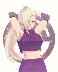 Rule 34 | absurdres, arm up, armpits, arms up, asymmetrical hair, blonde hair, breasts, green eyes, hair ornament, hairband, highres, khanncha, knzo, large breasts, md5 mismatch, midriff, naruto, naruto (series), naruto shippuuden, ponytail, resolution mismatch, sandp1e, source smaller, sweat, yamanaka ino