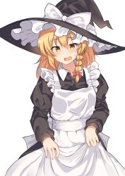 Rule 34 | 1girl, apron, apron tug, bad id, bad pixiv id, black dress, blonde hair, blush, bow, braid, commentary request, dress, frilled apron, frills, hair between eyes, hair bow, hat, hat bow, highres, kirisame marisa, kmuccu, long hair, looking at viewer, nervous, open mouth, red bow, simple background, single braid, solo, touhou, white apron, white background, white bow, witch, witch hat, yellow eyes