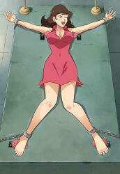 Rule 34 | absurdres, barefoot, bdsm, bondage, bound, bound ankles, bound wrists, breasts, brown eyes, brown hair, chain, chained, chained ankles, chained wrists, cleavage, dress, highres, large breasts, legs, lost one zero, lupin iii, mine fujiko, pink dress, tickling