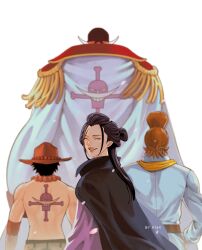 Rule 34 | 4boys, androgynous, back tattoo, birthday, black hair, cherry blossoms, edward newgate, facing viewer, from behind, hat, height difference, highres, izou (one piece), jolly roger, k164, long hair, male focus, multiple boys, one piece, petals, portgas d. ace, scar, scar on face, scar on forehead, smile, solo focus, tattoo, thatch, topless male, turning around, walking away, whitebeard pirates jolly roger