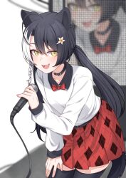 Rule 34 | 1girl, absurdres, ahoge, animal ears, belt, belt collar, black belt, black hair, black thighhighs, bow, bowtie, braid, collar, collarbone, commission, dog ears, dog girl, dog tail, flower, hair between eyes, hair flower, hair ornament, highres, holding, holding microphone, indie virtual youtuber, leaning forward, long hair, low twintails, microphone, minori nyabe, multicolored hair, open mouth, pleated skirt, red bow, red bowtie, red skirt, screen, skirt, streaked hair, sweater, tail, thighhighs, twintails, two-tone hair, valefal coneri, vgen commission, virtual youtuber, white flower, white hair, white sweater, yellow eyes, zettai ryouiki