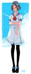 Rule 34 | 1girl, absurdres, alternate costume, black pantyhose, blue hair, blurry, blurry background, braid, braided bangs, closed mouth, dress, expressionless, footwear ribbon, full body, glasses, hayami kanade, highres, holding own arm, idolmaster, idolmaster cinderella girls, looking at viewer, moon (ornament), neckerchief, outside border, pantyhose, parted bangs, pleated dress, round eyewear, sailor collar, sailor dress, short hair, short sleeves, signature, single braid, sky, sleeve cuffs, solo, striped, thighhighs, tsukuda hayato, wavy hair