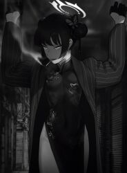 Rule 34 | 1girl, arms up, black gloves, blazer, blue archive, breasts, china dress, chinese clothes, cigarette, double bun, dragon print, dress, gloves, hair bun, hair ornament, halo, highres, hong doo, jacket, kisaki (blue archive), long hair, looking at viewer, monochrome, open mouth, small breasts, smoking, solo