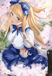 Rule 34 | 1girl, alice in wonderland, between legs, blonde hair, blue bow, blue eyes, bow, breasts, button gap, cherry blossoms, commentary request, emu alice, falling petals, flower, hair bow, hand between legs, highres, large breasts, liver city, long hair, open mouth, outdoors, petals, shirt, short sleeves, skirt, solo, striped clothes, striped skirt, white shirt, yamikyon