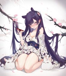 Rule 34 | 1girl, blue eyes, blunt bangs, blush, breasts, cherry blossoms, flower, hair ornament, holding, hololive, hololive english, japanese clothes, kimono, koahri, long hair, long sleeves, looking at viewer, mole, mole under eye, multicolored hair, ninomae ina&#039;nis, obi, pointy ears, purple hair, sash, sidelocks, sitting, small breasts, smile, solo, takodachi (ninomae ina&#039;nis), tentacle hair, thighs, tree, very long hair, virtual youtuber, wariza, white background, white kimono, wide sleeves