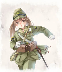 Rule 34 | 1girl, bag, bayonet, brown hair, canteen, gloves, hat, imperial japanese army, imperial japanese navy, longmei er de tuzi, military, military hat, military uniform, original, pouch, running, sheath, sheathed, solo, sword, twintails, uniform, weapon