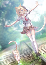 Rule 34 | 1girl, absurdres, animal ears, balancing, black footwear, blonde hair, blue eyes, blurry, blurry background, bokeh, cat, cat ears, cat tail, depth of field, dutch angle, frilled sleeves, frills, hair ribbon, highres, lens flare, loafers, medium hair, neckerchief, open mouth, original, outdoors, outstretched arms, plaid, plaid skirt, railroad tracks, red neckerchief, ribbon, school uniform, serafuku, shoes, short sleeves, skirt, suspender skirt, suspenders, tail, thighhighs, ukiwakisen, walking, white thighhighs, wind, wind lift