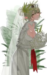 Rule 34 | 1girl, absurdres, arknights, blush, bouquet, breasts, bride, cleavage, closed mouth, commentary, dress, english commentary, flower, green eyes, grey hair, highres, holding, holding bouquet, izaru 31, large breasts, leaning forward, long hair, looking at viewer, muelsyse (arknights), pointy ears, rose, simple background, smile, solo, standing, white background, white dress, white flower, white rose