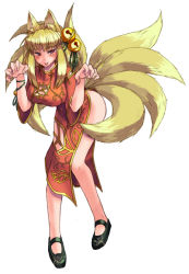 Rule 34 | 1girl, animal ears, bad id, bad pixiv id, bell, blonde hair, blush, china dress, chinese clothes, dress, fox ears, fox girl, fox tail, kenkou cross, kitsune, kyuubi, monster girl, monster girl encyclopedia, multiple tails, naughty face, official art, red eyes, simple background, solo, tail, tongue, white background, youko (monster girl encyclopedia)