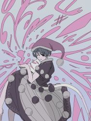 Rule 34 | 1girl, bad id, bad twitter id, blob, blue eyes, blue hair, book, doremy sweet, dress, hat, holding, looking at viewer, matching hair/eyes, nightcap, one eye closed, open mouth, oshouyu tabetai, pink theme, pom pom (clothes), short hair, short sleeves, smile, solo, tail, tapir tail, touhou