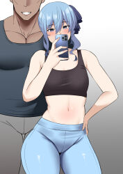 Rule 34 | 1boy, 1girl, behind another, black sports bra, black tank top, blue eyes, blue hair, blue pants, blush, breasts, cellphone, dark-skinned male, dark skin, dousiman00, faceless, faceless male, grey pants, grin, hetero, highres, holding, holding phone, hololive, hoshimachi suisei, looking at phone, midriff, navel, pants, phone, selfie, sidelocks, small breasts, smartphone, smile, sports bra, stomach, tank top, virtual youtuber, yoga pants