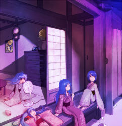Rule 34 | 4girls, arms at sides, blue hair, cable, electric fan, hand fan, holding, holding removed eyewear, japanese clothes, kimono, long hair, matsumoto ryou, multiple girls, picture frame, plantar flexion, poster (object), sitting, sliding doors, swept bangs, twintails, unworn eyewear, wooden floor, yukata