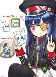 Rule 34 | 1girl, artist name, black hat, black thighhighs, blue hair, blush, character request, closed mouth, copyright request, eyepatch, ghost, hat, long hair, looking at viewer, mole, mole under eye, pink eyes, smile, solo, speech bubble, tansan daisuki, thighhighs, v