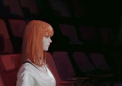 Rule 34 | 1girl, chainsaw man, crying, crying with eyes open, dark, highres, long hair, looking to the side, makima (chainsaw man), movie theater, nazgul (5511474), red hair, ringed eyes, shirt, solo, tears, white shirt, yellow eyes