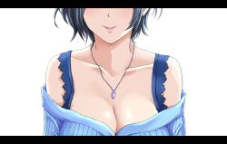Rule 34 | 1girl, bare shoulders, blue sweater, breasts, cleavage, collarbone, earrings, hayami kanade, head out of frame, idolmaster, idolmaster cinderella girls, jewelry, large breasts, letterboxed, lips, mp893, necklace, off-shoulder, off-shoulder sweater, parted lips, pendant, short hair, simple background, smile, solo, stud earrings, sweater, white background