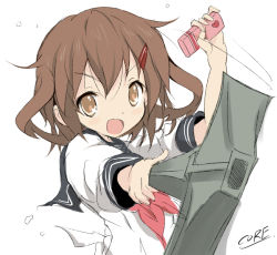 Rule 34 | 10s, :d, anchor, box, brown eyes, brown hair, chocolate, core (mayomayo), gift, gift box, hair ornament, hairclip, ikazuchi (kancolle), kantai collection, neckerchief, open mouth, school uniform, serafuku, short hair, signature, sketch, smile, solo, valentine