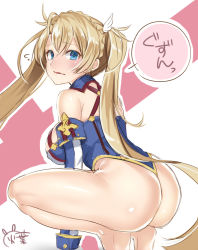 Rule 34 | 1girl, artist request, ass, bare shoulders, blonde hair, blue eyes, blush, bradamante (fate), bradamante (first ascension) (fate), braid, breasts, elbow gloves, fate/grand order, fate (series), flying sweatdrops, french braid, gloves, hair between eyes, highres, large breasts, leotard, long hair, looking at viewer, looking back, open mouth, solo, squatting, thighs, thong leotard, twintails
