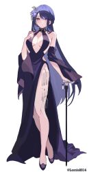 Rule 34 | 1girl, absurdres, alternate costume, bare legs, breasts, cane, cleavage, closed mouth, dress, evening gown, flower, footwear flower, genshin impact, hair flower, hair ornament, highres, large breasts, legs, leonie28, long hair, looking at viewer, purple dress, purple eyes, purple footwear, purple hair, raiden shogun, shawl, side slit, simple background, solo, twitter username, white background