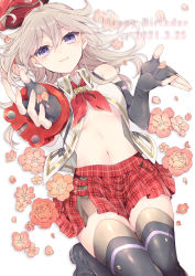 Rule 34 | 1girl, absurdres, alisa ilinichina amiella, bare shoulders, beret, black footwear, black thighhighs, blue eyes, blush, boots, breasts, closed mouth, collared shirt, commentary, cowboy shot, dated, elbow gloves, fingerless gloves, flower, gloves, god eater, god eater 2: rage burst, hair between eyes, happy birthday, hat, highres, io (1033k), long hair, looking at viewer, medium breasts, midriff, navel, neckerchief, partially unbuttoned, plaid, plaid skirt, red hat, red neckerchief, red skirt, shirt, sidelocks, silver hair, simple background, skindentation, skirt, sleeveless, sleeveless shirt, smile, solo, thigh boots, thighhighs, underboob, unworn headwear, white background, white shirt, zettai ryouiki