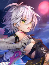 Rule 34 | 1girl, bandaged arm, bandages, bare shoulders, belt, black belt, black gloves, black shirt, breasts, chromatic aberration, cloud, cloudy sky, commentary request, dagger, facial scar, fate/grand order, fate (series), full moon, gloves, green eyes, hair between eyes, holding, holding dagger, holding knife, holding weapon, jack the ripper (fate/apocrypha), kaguyuzu, knife, looking at viewer, messy hair, moon, night, night sky, open mouth, outdoors, red moon, scar, scar on cheek, scar on face, shirt, shoulder tattoo, silver hair, single glove, sky, sleeveless, sleeveless shirt, small breasts, solo, tattoo, teeth, upper teeth only, weapon