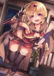 Rule 34 | 1girl, :d, absurdres, bare shoulders, belt, black bra, black gloves, black thighhighs, blonde hair, blurry, blurry background, book, boots, bra, breasts, brown footwear, buckle, cape, carrying, circlet, cleavage, crop top, detached sleeves, fantasy, fingerless gloves, gloves, hand up, highres, jewelry, medium breasts, midriff, mizuiro raika, night, open door, open mouth, original, pendant, plant, potted plant, purple eyes, red shorts, rolled up paper, running, shooting star, short shorts, shorts, sidelocks, sky, smile, solo, star (sky), starry sky, strap, sweat, thigh strap, thighhighs, thighs, underwear, wide sleeves