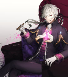 Rule 34 | 1boy, ascot, black ribbon, chair, cigar, edmond dantes (fate), fate/grand order, fate (series), formal, gloves, grey hair, hair over one eye, hair ribbon, holding, crossed legs, long hair, male focus, parted lips, red eyes, ribbon, sitting, smile, solo, suit, twitter username, uraha, white gloves