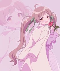 Rule 34 | 1girl, ahoge, blush, brown hair, coat, coat on shoulders, commentary request, flower, goma konbu, green ribbon, hair ribbon, hakozaki serika, highres, holding, holding flower, idolmaster, idolmaster million live!, long hair, long skirt, long sleeves, looking at viewer, open mouth, pink background, pink flower, pink rose, pink skirt, pink sweater, pleated skirt, ribbon, rose, skirt, smile, solo, sweater, twintails, white coat, yellow eyes, zoom layer