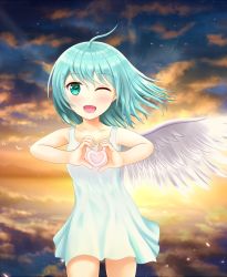 Rule 34 | 1girl, ;d, above clouds, ahoge, alternate costume, angel wings, aqua eyes, backlighting, bad id, bad pixiv id, bird, blue hair, cloud, collarbone, contrapposto, cowboy shot, dress, heart, heart hands, highres, one eye closed, open mouth, petals, reflection, ripples, short hair, single wing, smile, solo, standing, sundress, sunset, tatara kogasa, touhou, wind, wings, zkillerz