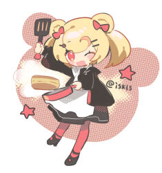 Rule 34 | 1girl, ;d, apron, arknights, bear head, black dress, black footwear, black jacket, blonde hair, blush, blush stickers, bow, chibi, commentary, dress, food, frying pan, full body, gummy (arknights), gummy (elite ii) (arknights), hair bow, highres, holding, holding frying pan, holding spatula, jacket, lollipop hair ornament, looking at viewer, miisuke (iskl3), one-hour drawing challenge, one eye closed, open clothes, open jacket, open mouth, pancake, pantyhose, red bow, red eyes, red pantyhose, short twintails, simple background, smile, solo, spatula, star (symbol), twintails, twitter username, white apron, white background