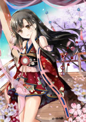 Rule 34 | 1girl, :d, black hair, blurry, blurry foreground, blush, brown eyes, commentary request, day, depth of field, detached sleeves, dutch angle, floral print, flower, hand on own cheek, hand on own face, highres, idolmaster, idolmaster cinderella girls, japanese clothes, kimono, kobayakawa sae, long hair, long sleeves, lunacats, open mouth, outdoors, pink flower, print kimono, red kimono, ribbon-trimmed legwear, ribbon trim, sleeveless, sleeveless kimono, smile, solo, twitter username, very long hair, white flower, wide sleeves