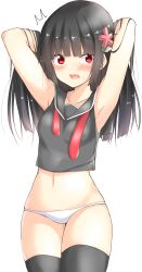 Rule 34 | 1girl, absurdres, arms up, black hair, black thighhighs, blush, breasts, dot nose, girls&#039; frontline, highres, navel, necktie, no pants, raion (inoueraion), red eyes, simple background, skindentation, solo, surprised, tagme, thighhighs, thighs, type 100 (girls&#039; frontline), undone necktie, white background