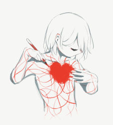 Rule 34 | 1boy, absurdres, avogado6, colored skin, completely nude, drawing, closed eyes, hands up, heart, highres, holding, male focus, monochrome, nude, original, paint on body, red theme, simple background, solo, upper body, white background, white hair, white skin