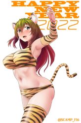 Rule 34 | 1girl, animal ears, animal print, arm warmers, armpits, bikini, black eyes, breasts, brown hair, commentary request, cowboy shot, english text, fang, happy new year, highres, long hair, looking at viewer, medium breasts, navel, nengajou, new year, open mouth, orange bikini, original, print bikini, print thighhighs, scamp (scamp f16), simple background, smile, solo, standing, swimsuit, tail, text background, thighhighs, tiger ears, tiger print, tiger tail, twitter username, white background