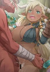 Rule 34 | 10s, 1boy, 1girl, against tree, almeida (granblue fantasy), aqua eyes, mismatched earrings, bad id, bad pixiv id, bandaged arm, bandages, bar censor, bead necklace, beads, bikini, bikini top only, blonde hair, bottomless, brown gloves, censored, colored skin, cum, cum on body, cum on lower body, dark skin, diamond (shape), draph, drooling, earrings, eyebrows, eyes visible through hair, forest, gloves, goblin, granblue fantasy, hair between eyes, hair ornament, hetero, highres, horn ornament, horn ring, horns, jewelry, long hair, long sleeves, looking at another, low twintails, midriff, mismatched earrings, monster, monster sex, nature, necklace, nose bubble, one breast out, open mouth, outdoors, outline, partially undressed, pointless censoring, pointy ears, rape, red skin, saliva, sex, single hair intake, solo focus, standing, standing missionary, sweat, swimsuit, tayuura (kuwo), tears, teeth, tongue, tongue out, torso grab, tree, twintails, vaginal, veins, very long hair