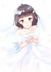 Rule 34 | 1girl, ahoge, alternate costume, blunt bangs, bridal veil, brown eyes, brown hair, commentary request, dress, flower, from above, hair flower, hair ornament, highres, jewelry, kantai collection, kishinami (kancolle), misaki yunosu, off-shoulder dress, off shoulder, ring, rose, short hair, solo, veil, wavy hair, wedding band, wedding dress, white flower, white rose