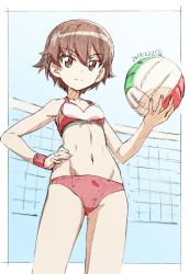Rule 34 | 1girl, artist logo, ball, beach volleyball, bikini, breasts, brown eyes, brown hair, closed mouth, commentary, cowboy shot, dated, erakin, girls und panzer, groin, highres, holding, holding ball, isobe noriko, looking at viewer, navel, outside border, red bikini, short hair, sketch, small breasts, smile, solo, standing, swimsuit, traditional media, volleyball, volleyball (object), volleyball net, wristband