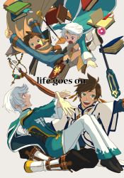 Rule 34 | 10s, 2boys, age progression, bad id, bad pixiv id, book, boots, brown hair, circlet, cloak, falling, green eyes, male focus, mikleo (tales), multiple boys, on lap, open mouth, outstretched arms, purple eyes, short hair, smile, sorey (tales), staff, sword, tales of (series), tales of zestiria, tasasakiamagu, weapon, white hair, aged down