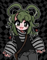 Rule 34 | 1girl, :3, :d, black vest, checkered background, chey, cowboy shot, freckles, green eyes, green hair, grey pants, hair rings, highres, jewelry, lily (chey), long sleeves, looking at viewer, multiple rings, open mouth, original, pants, ring, shirt, smile, solo, striped clothes, striped shirt, thick eyebrows, thigh gap, vest