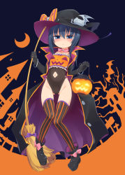 Rule 34 | 1girl, bare shoulders, black gloves, black hair, blue eyes, boots, bow, breasts, broom, cape, chloe (homura subaru), chloe withers, clothing cutout, collarbone, covered erect nipples, crescent moon, elbow gloves, gloves, halloween, hat, highleg, highleg leotard, highres, homura subaru, jack-o&#039;-lantern, leotard, long hair, moon, navel, navel cutout, original, pigeon-toed, small breasts, solo, star (sky), striped clothes, striped thighhighs, thighhighs, vertical-striped clothes, vertical-striped thighhighs, witch hat