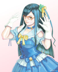 Rule 34 | 1girl, a ichiro, anime-gataris, artist name, bad id, bad pixiv id, black hair, blue choker, blue dress, bow, choker, cowboy shot, dress, frilled dress, frills, gloves, gradient background, green eyes, hair bow, hands up, kouenji miko, looking at viewer, parted lips, pink background, smile, solo, white gloves, yellow bow