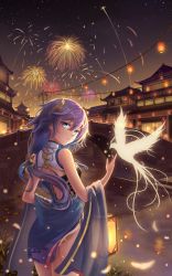 Rule 34 | 1girl, absurdres, architecture, back, bird, black hair, blue dress, blue eyes, bridge, china dress, chinese clothes, chinese new year, dress, east asian architecture, feathers, fireworks, fu hua, fu hua (valkyrie accipiter), hair between eyes, hair ornament, happy new year, highres, honkai (series), honkai impact 3rd, lantern, long hair, looking at viewer, looking back, nengajou, new year, night, night sky, open mouth, paper lantern, phoenix, ponytail, sky, sleeveless, sleeveless dress, solo, star (sky), teeth, water, yelan xing xuan