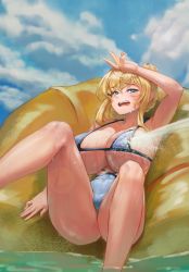 Rule 34 | 1girl, blonde hair, blush, breasts, cleavage, cloud, day, habetrot (last origin), hair between eyes, hair bun, highres, huge breasts, last origin, nose, nyanom, one-piece swimsuit, open mouth, outdoors, sidelocks, sitting, sky, solo, spraying, swimsuit, tears, water, wet