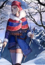 Rule 34 | 1girl, belt, blonde hair, blue sky, boots, cape, copyright request, day, denim, denim shorts, fur trim, highres, holding, holding sword, holding weapon, knee boots, long sleeves, outdoors, parted lips, purple eyes, rean (r ean), scabbard, sheath, short hair, shorts, sky, snow, snowing, solo, standing, sword, thighhighs, tree, weapon, white thighhighs