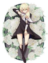 Rule 34 | 1girl, absurdres, aged down, black dress, black footwear, blonde hair, boots, commentary, crossdressing, dress, english commentary, flower, full body, green eyes, highres, honkai (series), honkai impact 3rd, long hair, long sleeves, looking at viewer, otto apocalypse, rose, simple background, solo, sooner, trap, tsurime, white background, white flower, white rose