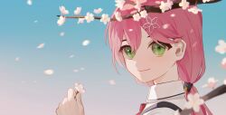 Rule 34 | 1girl, branch, cherry blossoms, cjsdh1000, commentary, flower, green eyes, hair between eyes, hair ornament, hairclip, highres, holding, holding flower, hololive, long hair, looking at viewer, petals, pink hair, sakura miko, shirt, smile, solo, upper body, virtual youtuber, white flower, white shirt