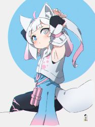 Rule 34 | 1girl, absurdres, ahoge, animal ear fluff, animal ears, armpits, arms behind head, arms up, bare shoulders, black pants, blue background, blue eyes, blush, bridal gauntlets, closed mouth, commentary request, detached sleeves, from behind, gradient hair, grey background, grey hair, highres, indie virtual youtuber, kemoyama ginko, kuro kosyou, long hair, looking at viewer, looking back, multicolored hair, pants, pink hair, ponytail, short sleeves, sitting, solo, tail, two-tone background, tying hair, virtual youtuber, white sleeves