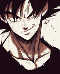 Rule 34 | 1boy, closed mouth, collarbone, dragon ball, dragonball z, greyscale, hair between eyes, highres, kamiyama sumu, looking at viewer, male focus, monochrome, portrait, shirt, short hair, signature, simple background, sketch, smile, solo, son goku, spiked hair, v-shaped eyebrows