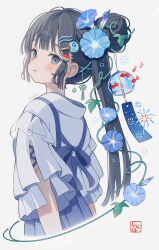 Rule 34 | 1girl, absurdres, back bow, black hair, blue bow, blue dress, blue eyes, bow, cropped torso, cross-laced slit, dress, film grain, fireworks, fish, flower, flower knot, food, food-themed hair ornament, frilled kimono, frills, from behind, fruit, grey background, hair bun, hair flower, hair ornament, hair vines, hairclip, hand fan, highres, japanese clothes, kimono, light blush, long hair, looking at viewer, looking back, morning glory, original, paper fan, parted lips, pinafore dress, plant, ponytail, shiraho (color-56), short sleeves, signature, simple background, single side bun, sleeveless, sleeveless dress, solo, tassel, uchiwa, vines, watermelon, watermelon slice, white kimono, wind chime